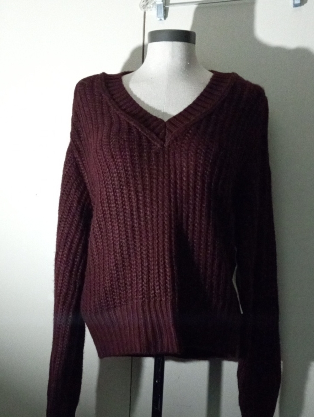 A.N.A. V-Neck Ribbed Long Sleeve Sweater in Wine Small NWT
